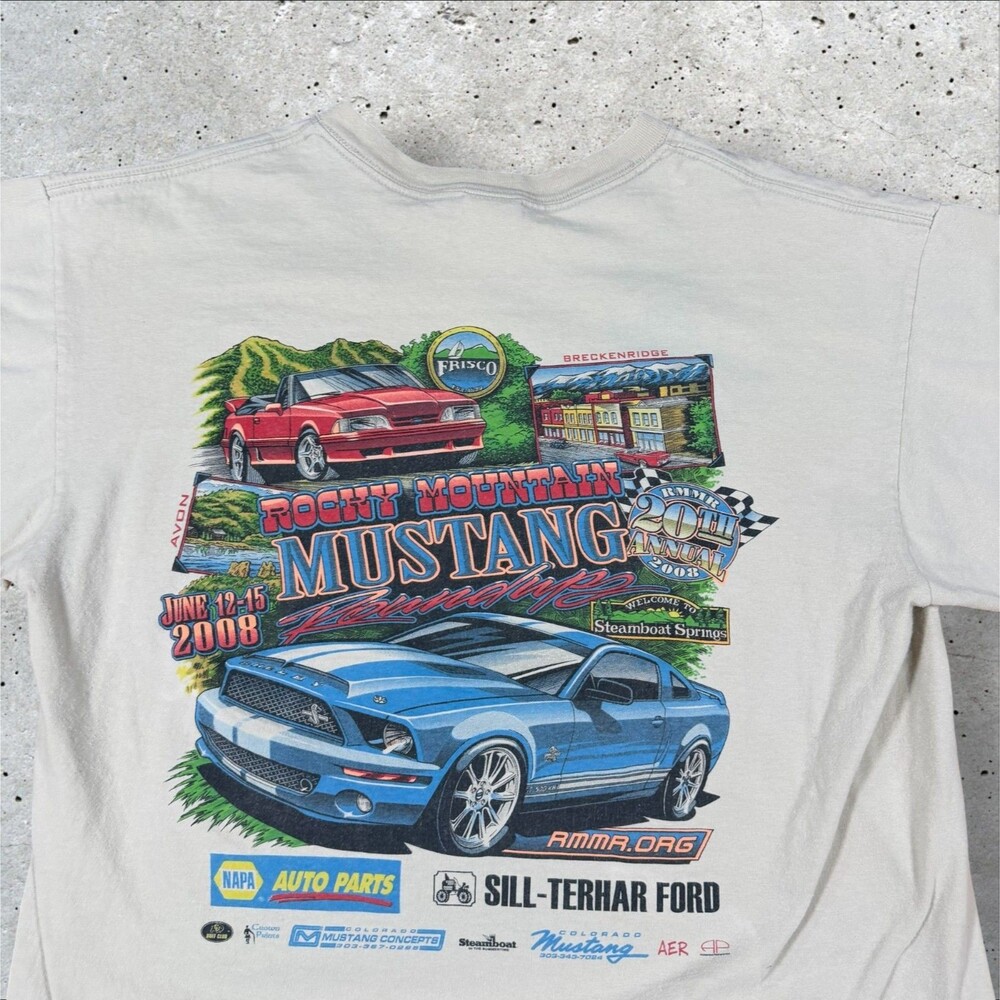 Vintage Y2K Ford Mustang Rocky Mountain Roundup Car Show Shirt Large Gray Defect - Picture 10 of 10